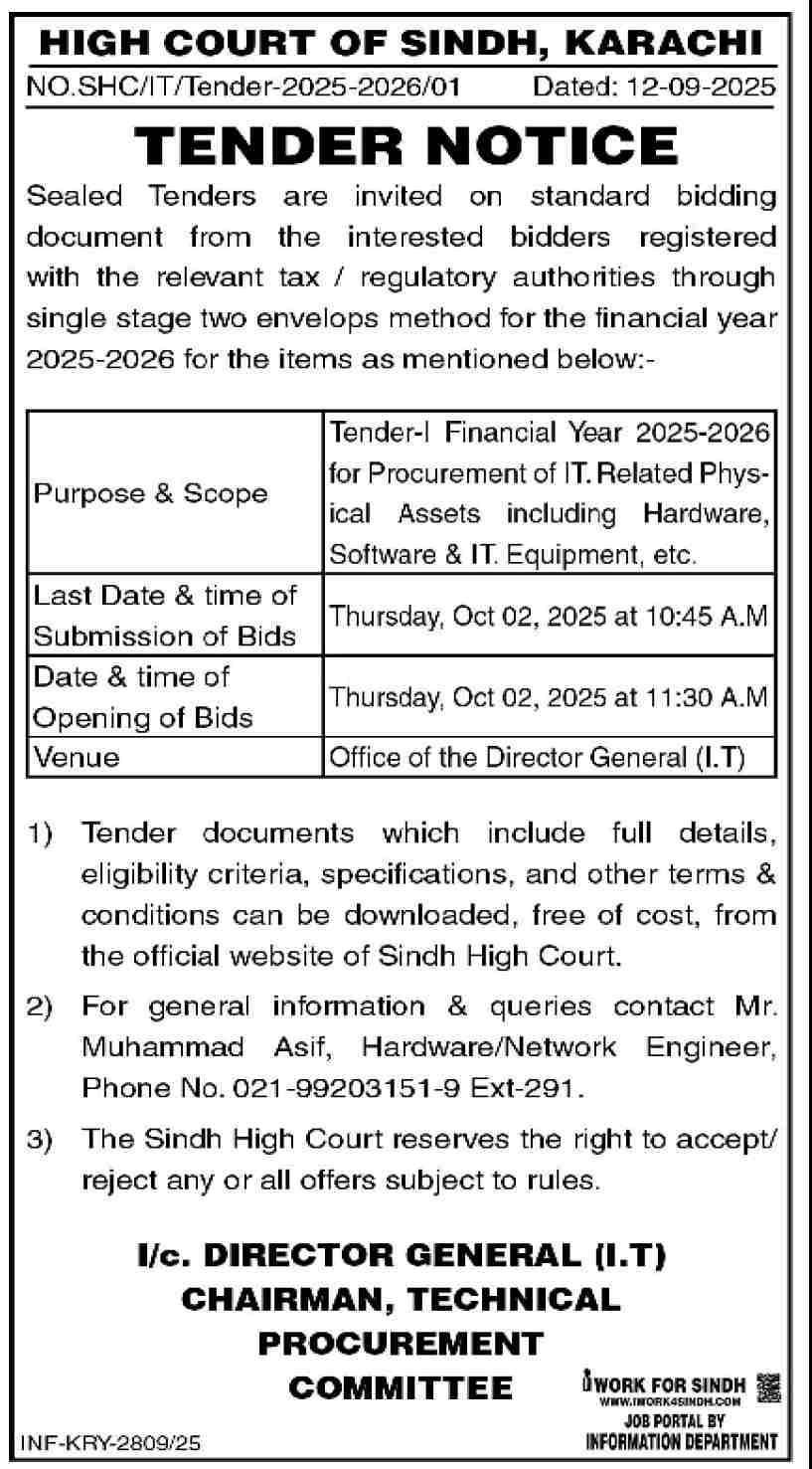 High Court of Sindh Karachi Tender Notice